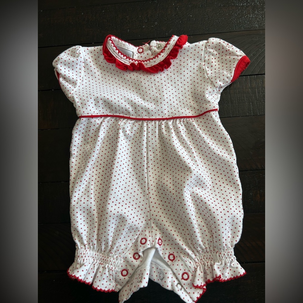 Red dot romper with ruffles